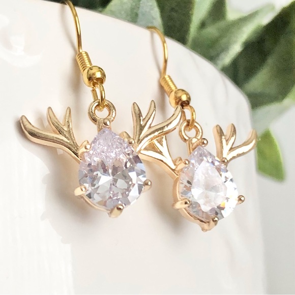 New Rhinestone Crystal Deer Stag Reindeer 18k gold plated hooks Sparkle Earrings - Picture 5 of 9
